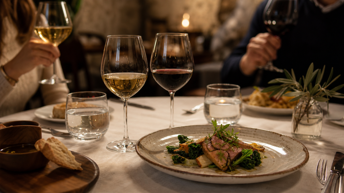 Piatto stagionale servito con calici di vino bianco e rosso